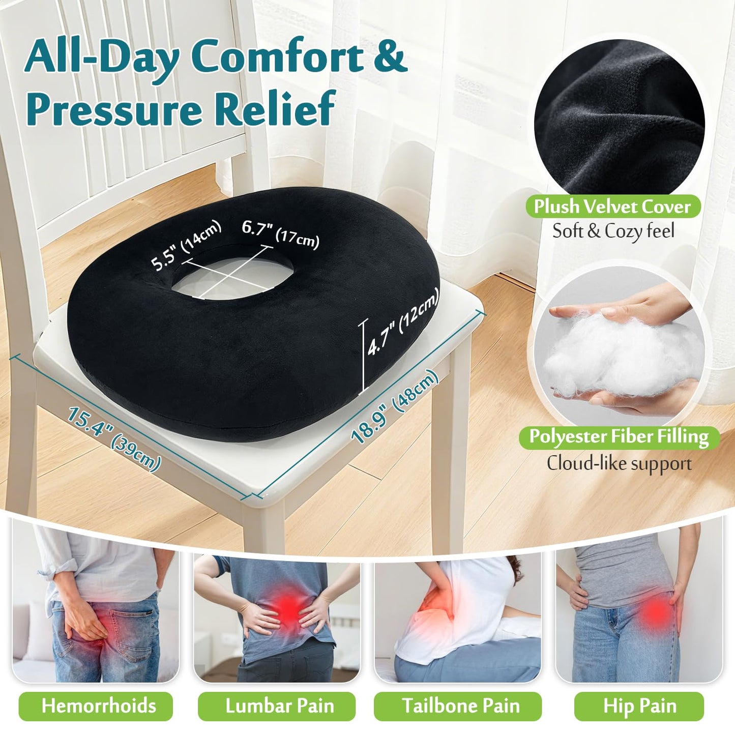 AOSSA Donut Pillow for Hemorrhoids & Tailbone Pain, Bed Sore Cushions for Butt, BBL Pillow After Surgery for Sleeping, Ergonomic Pressure Relief Seat Cushion for Sciatica, Postpartum (Black)