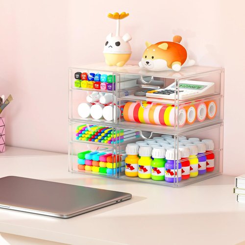 Caktraie Desk Organizer - 22 Drawer Plastic Storage Bins for Office & Makeup | 4 Pack