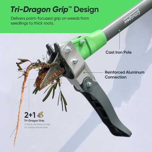 Grootpow Heavy Duty Weed Puller Tool - Stand Up Dandelion Weeder with 40" Handle & 3 Claws