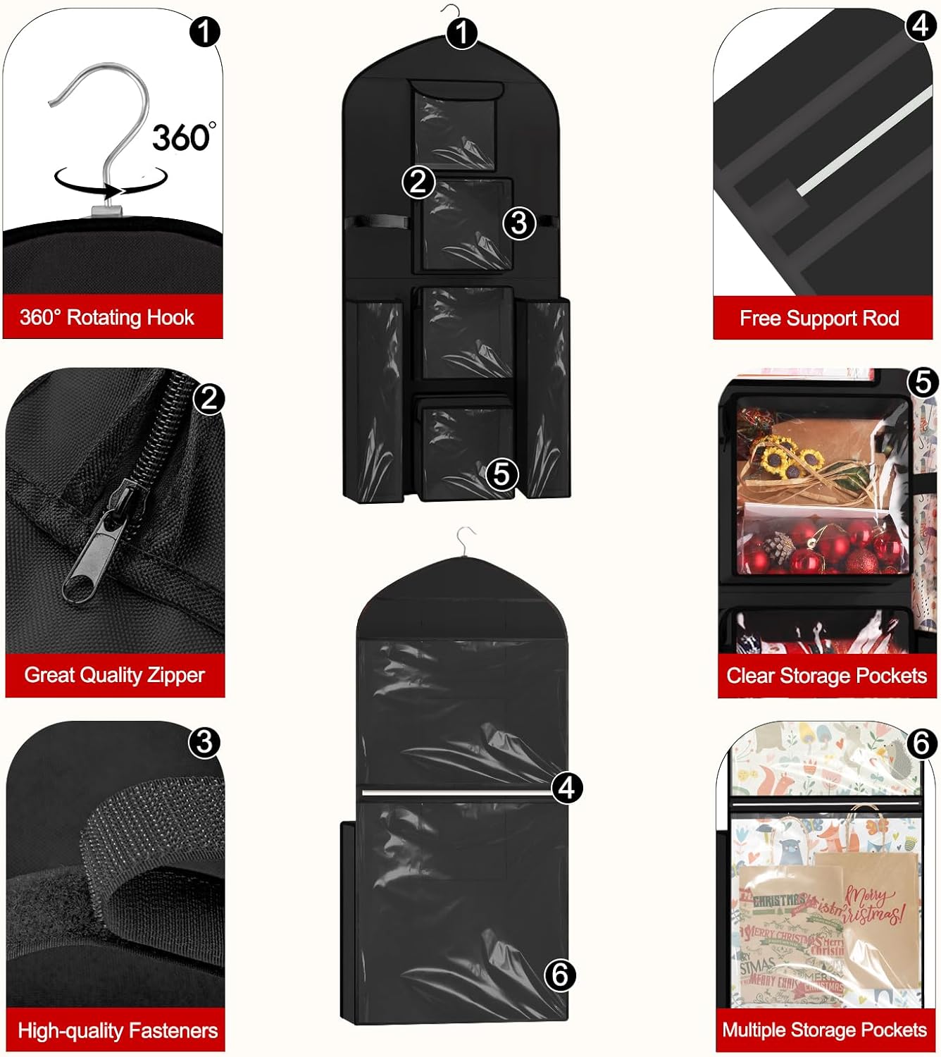 Woodoulogy Extra Large Black Double-Sided Gift Wrapping Paper Storage Bag - 48x24 Oxford Organizer