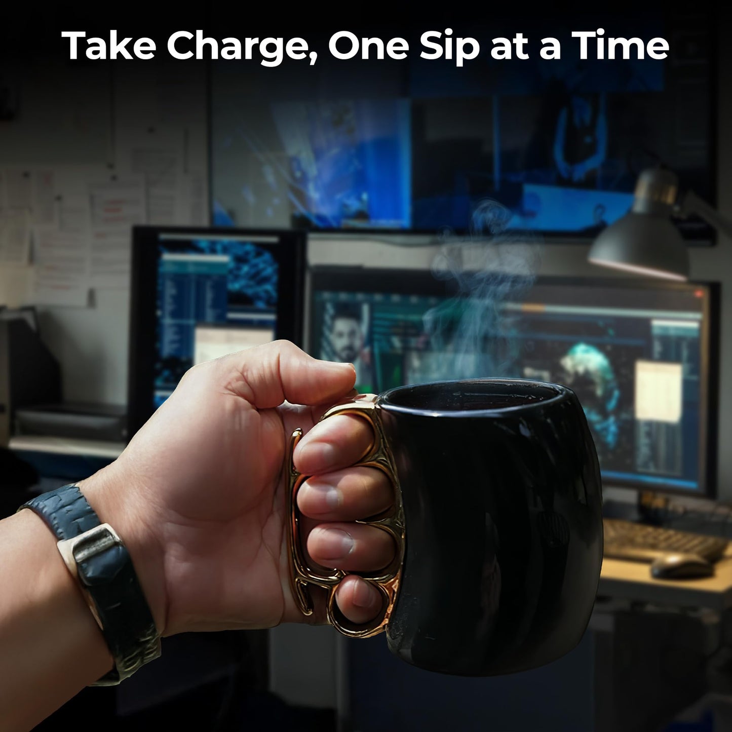 Caliber Gourmet Brass Knuckles Cup - Black and Gold Ceramic Self-Defense Novelty Coffee Mug, Unique Knuckles Mug for Collectors, Perfect Odd Coffee Mug Gift Idea for Christmas, Father's Day & More