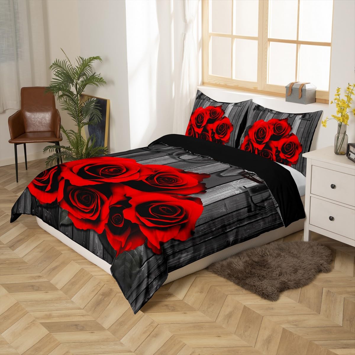 Erosebridal Red Rose Bedding Set King Red Black Valentine's Day Comforter Cover for Girls Women Men Couple,Romantic Floral Duvet Cover Rustic Farmhouse Bed Set with Zipper 2 Pillow Cases Grey