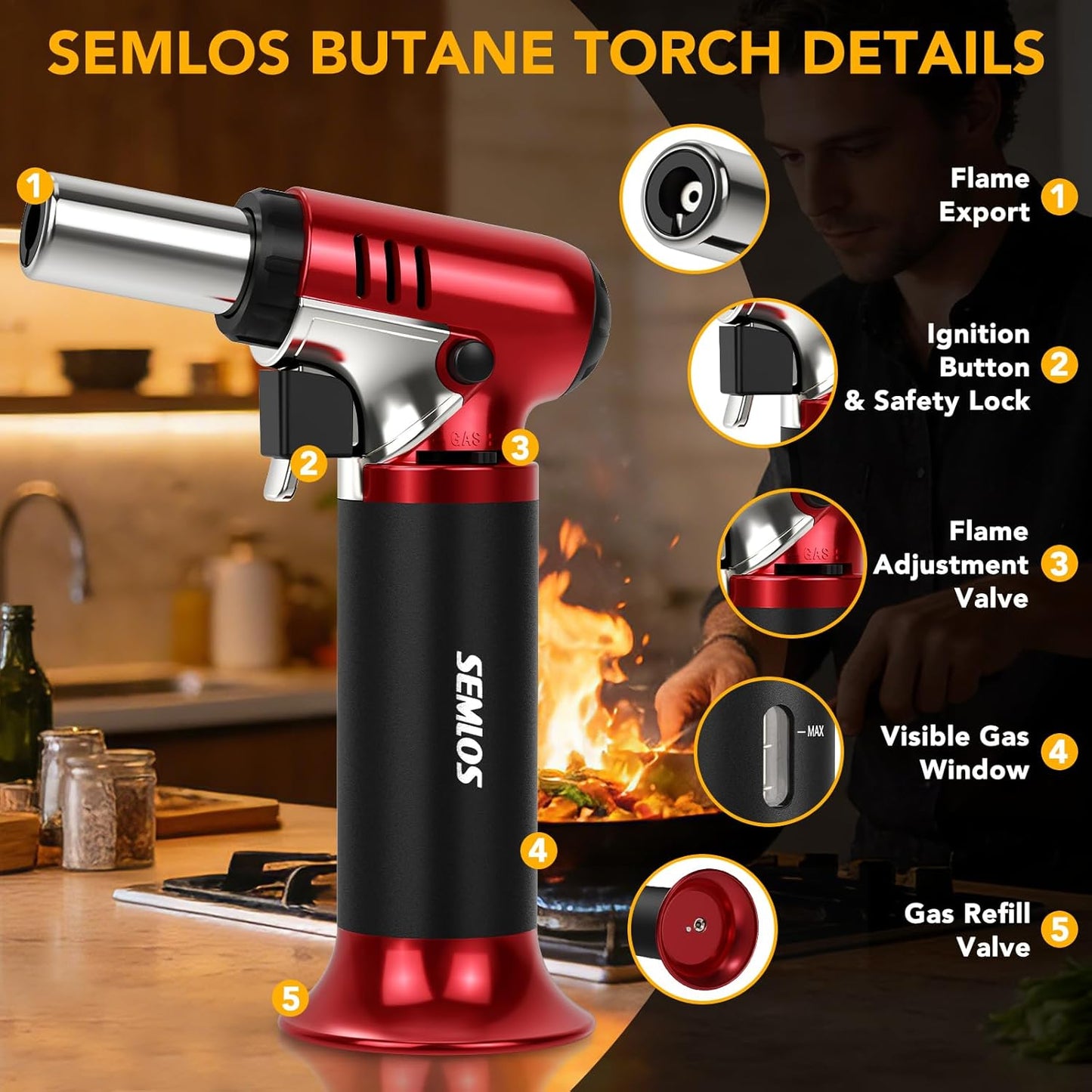 Semlos Butane Torch - Refillable Kitchen Lighter with Safety Lock & Adjustable Flame | Ideal for DIY, Crème Brûlée & Soldering