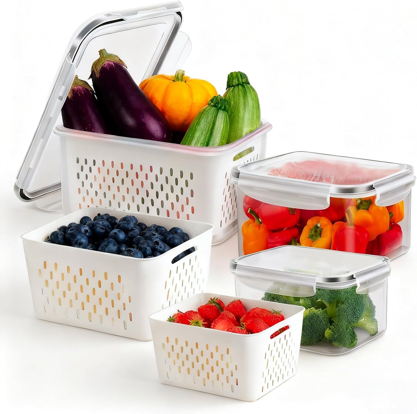 Skiennix Fruit Storage Containers - 3 Pcs Airtight Fridge Containers with Removable Colander Basket