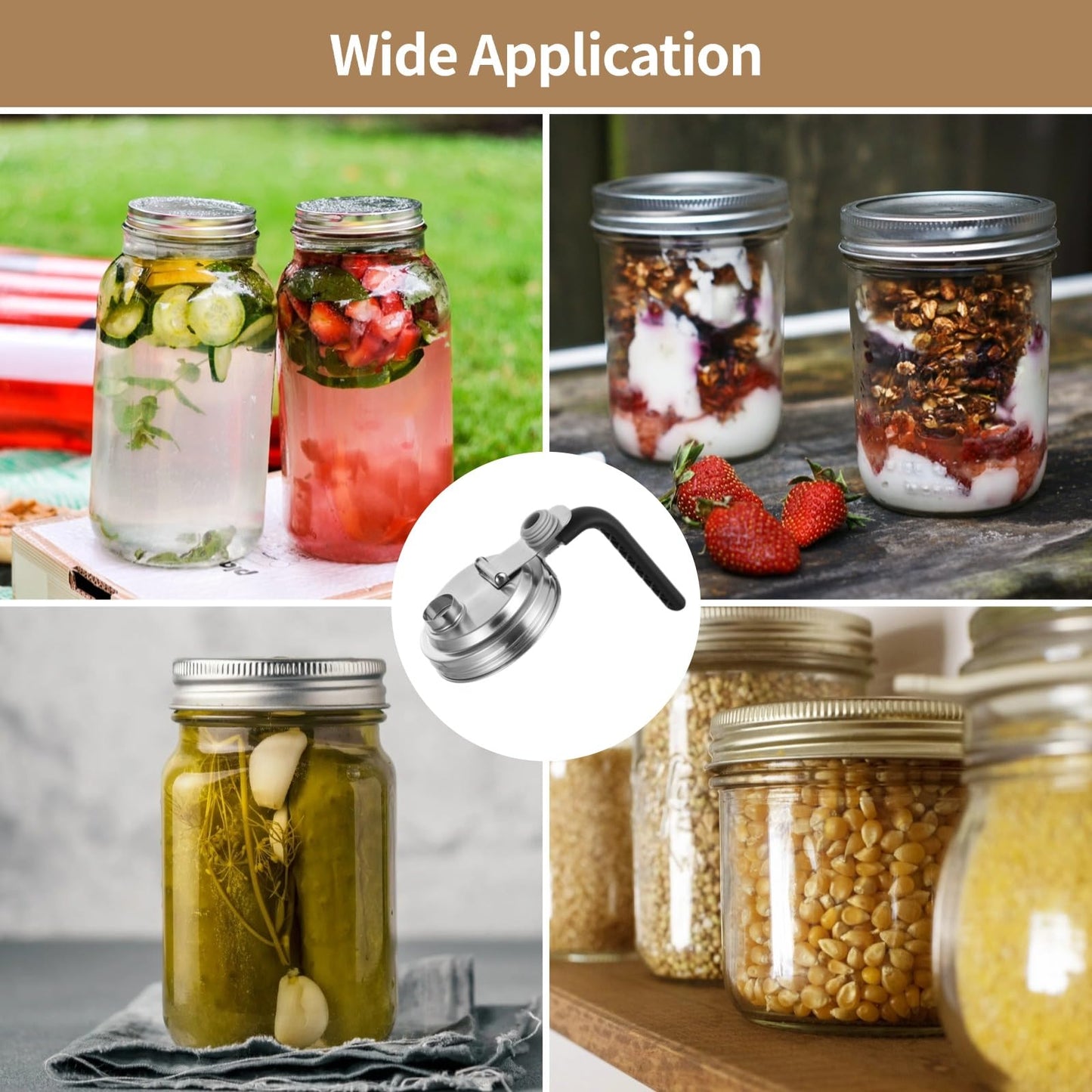 Toyosport 6 Pack Mason Jar Pour Spout Lids, Stainless Steel Flip Cap Lid with Non-Slip Long Handle, Sealed Mason Jar Lids for DIY Drinks Pickles Grains