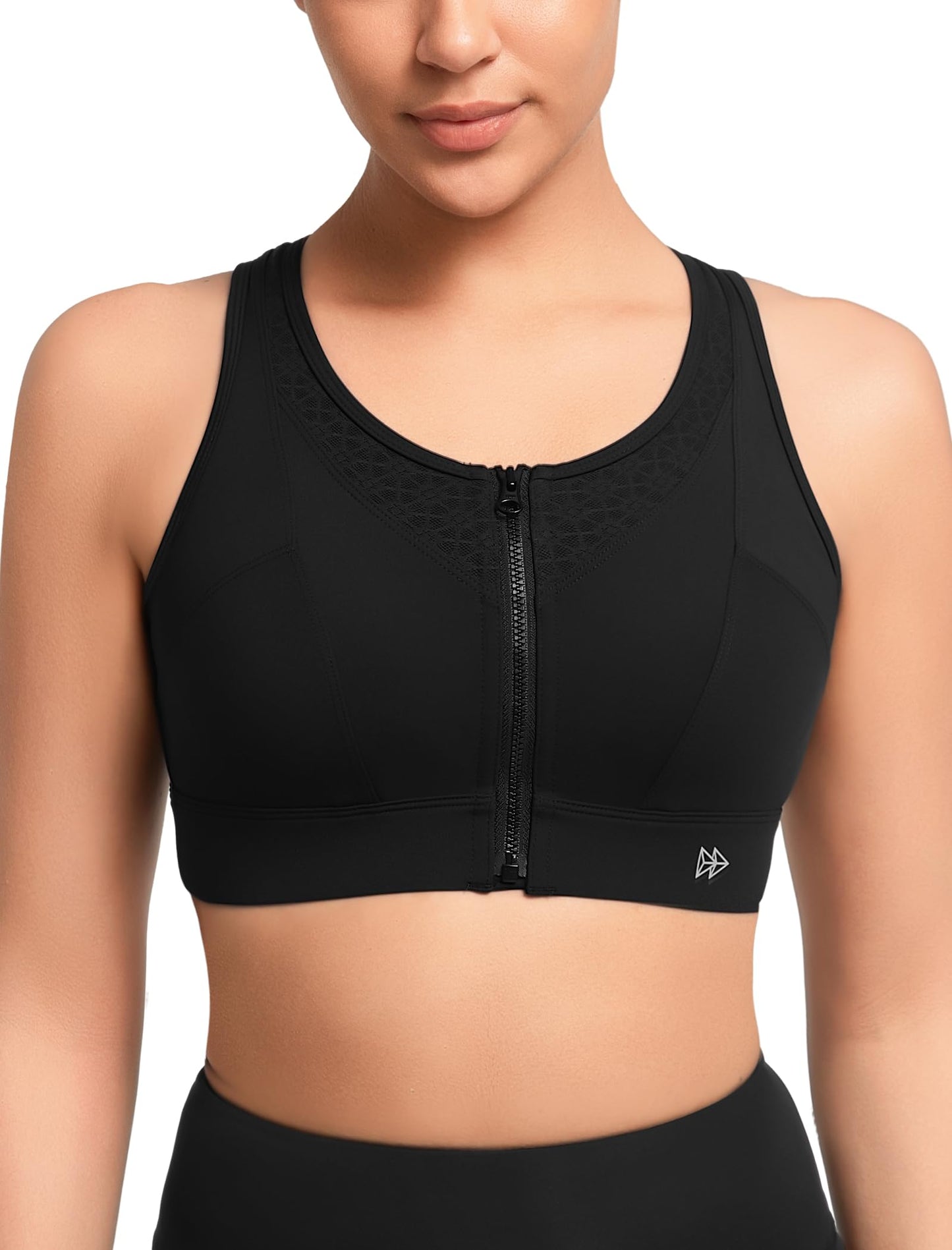 Yvette High Impact Sports Bras for Women Front Zip Supportive Running Bras for Large Bust Plus Size, Black, M