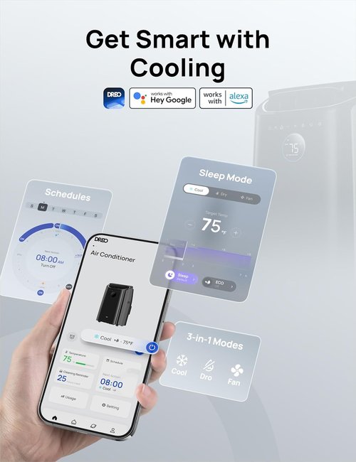 DREO 12,000 BTU Portable Air Conditioner - Quiet 46dB Cooling with Smart Features & 24h Timer | AC515S