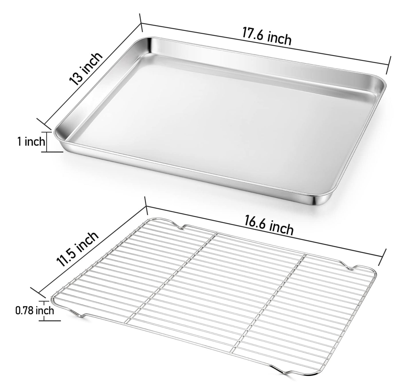 TeamFar Baking Sheet with Rack, 17.6 x 13 x 1 inch Stainless Steel Baking Pan Cookie Sheet Set with Cooling Rack for Baking/Roasting/Cooling, Non-Toxic & Heavy Duty, Dishwasher Safe - Set of 4