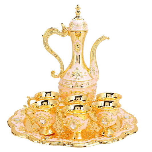 LIZEALUCKY Vintage Metal Turkish Coffee Pot Set Turkish Tea Set with 6 Luxury Coffee Cups and Craft Tea Tray Teapot for Serving Tea Zamzam Coffee Cappuccino, Turkish Teapot for Wedding Gift(Gold)