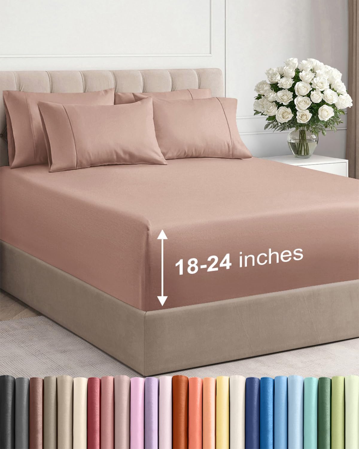 Skiennix Extra Deep King Sheet Set - 6 Piece Breathable Cooling Bedding - Soft, Wrinkle-Free Comfort - Mauve