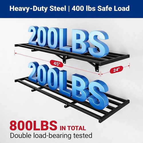 FLEXIMOUNTS Heavy-Duty Garage Wall Shelving - 2x4ft Wall-Mounted Storage with 8 Hooks, 400lbs Capacity