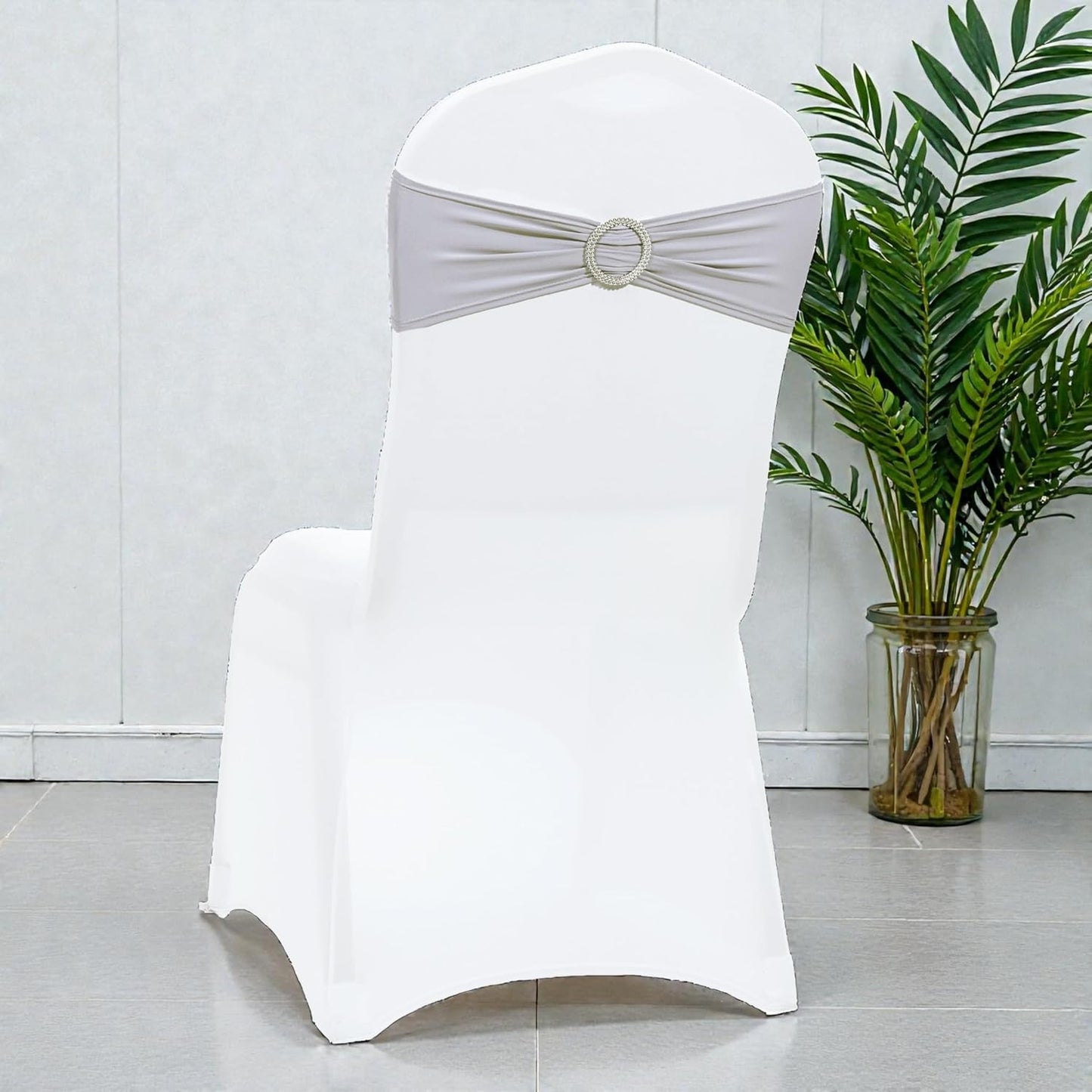 MDS Premium Stretch Chair Sashes - Pack of 100 Elastic Covers with Buckle Slider | Light Silver