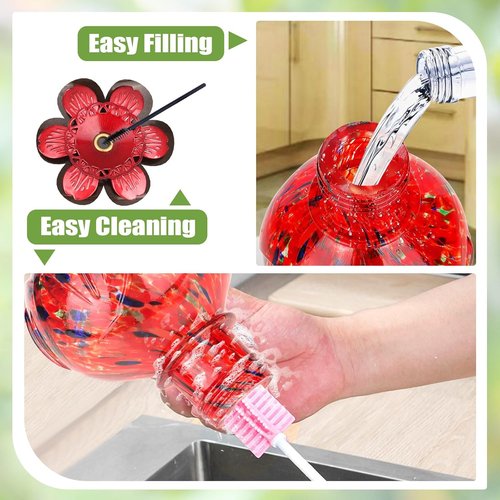 BOLITE Hummingbird Feeder - Hand Blown Glass Design with 5 Bee-Proof Ports | 22oz Capacity, Red Peony
