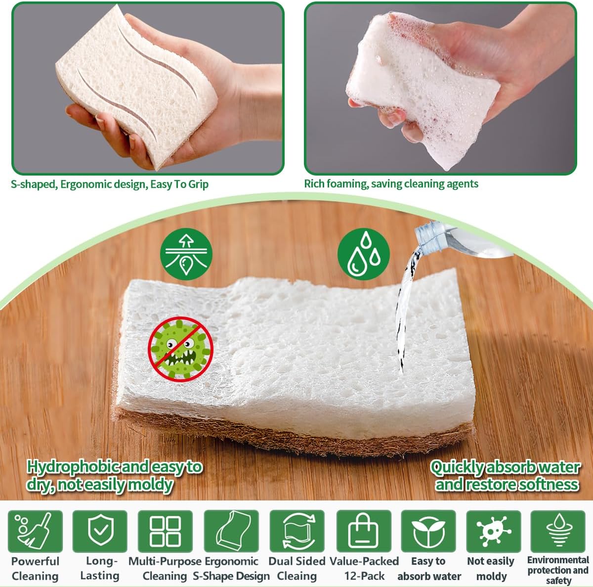 Skiennix Natural Dish Sponges - Plant-Based Biodegradable Cellulose with Coconut Scrubber | Eco-Friendly (Pack of 12)