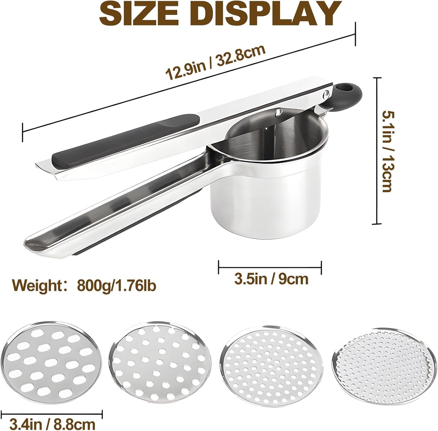 Potato Ricer - Stainless Steel Masher with 4 Interchangeable Discs | 15oz Kitchen Tool for Perfect Mashed Potatoes