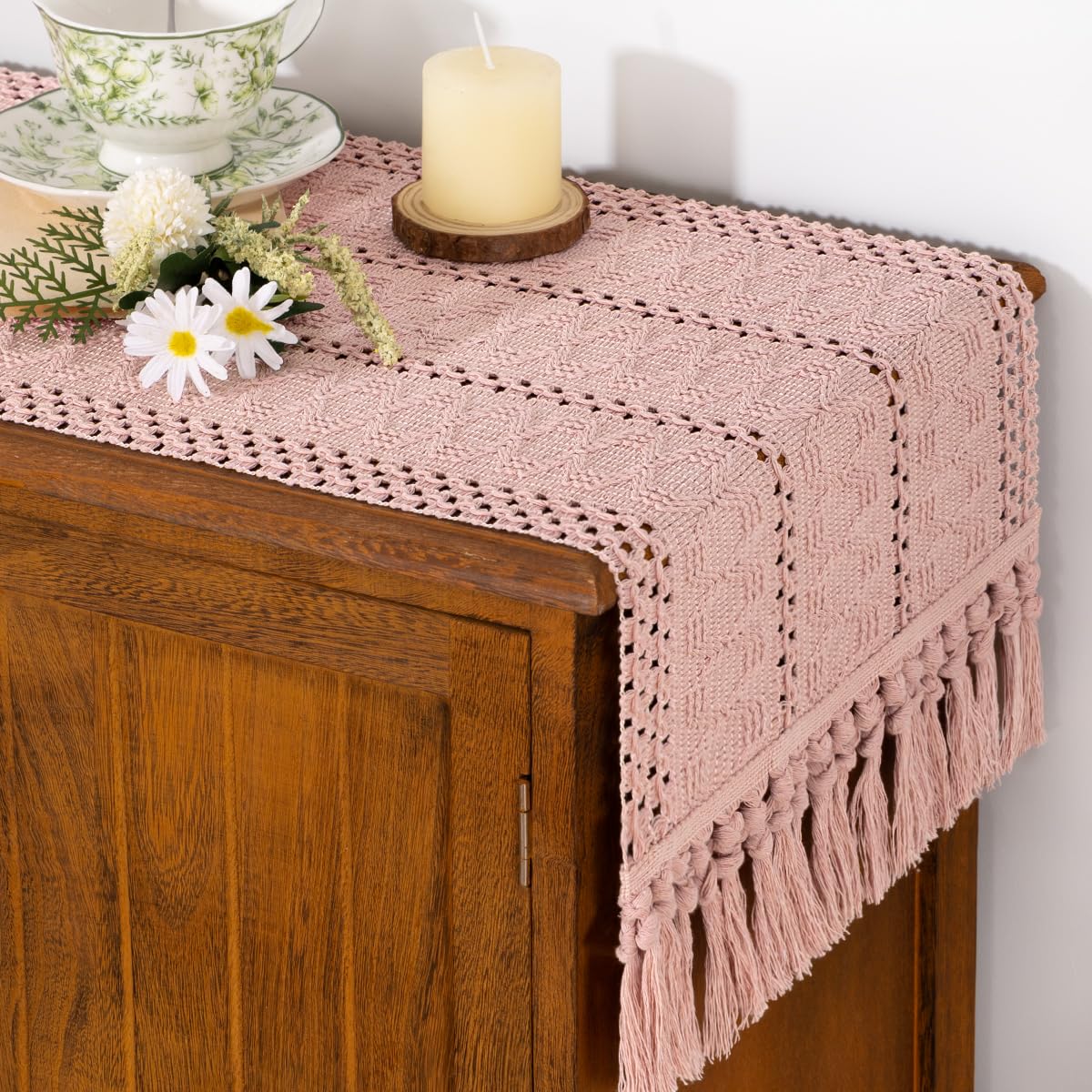 Socomi Boho Table Runner Easter Spring Farmhouse Rustic Dining Kitchen Centerpiece Decor Small Macrame Woven Cotton Linen Coffee Table Runner for Dresser Scarf Home Decor 12x36 in Pink