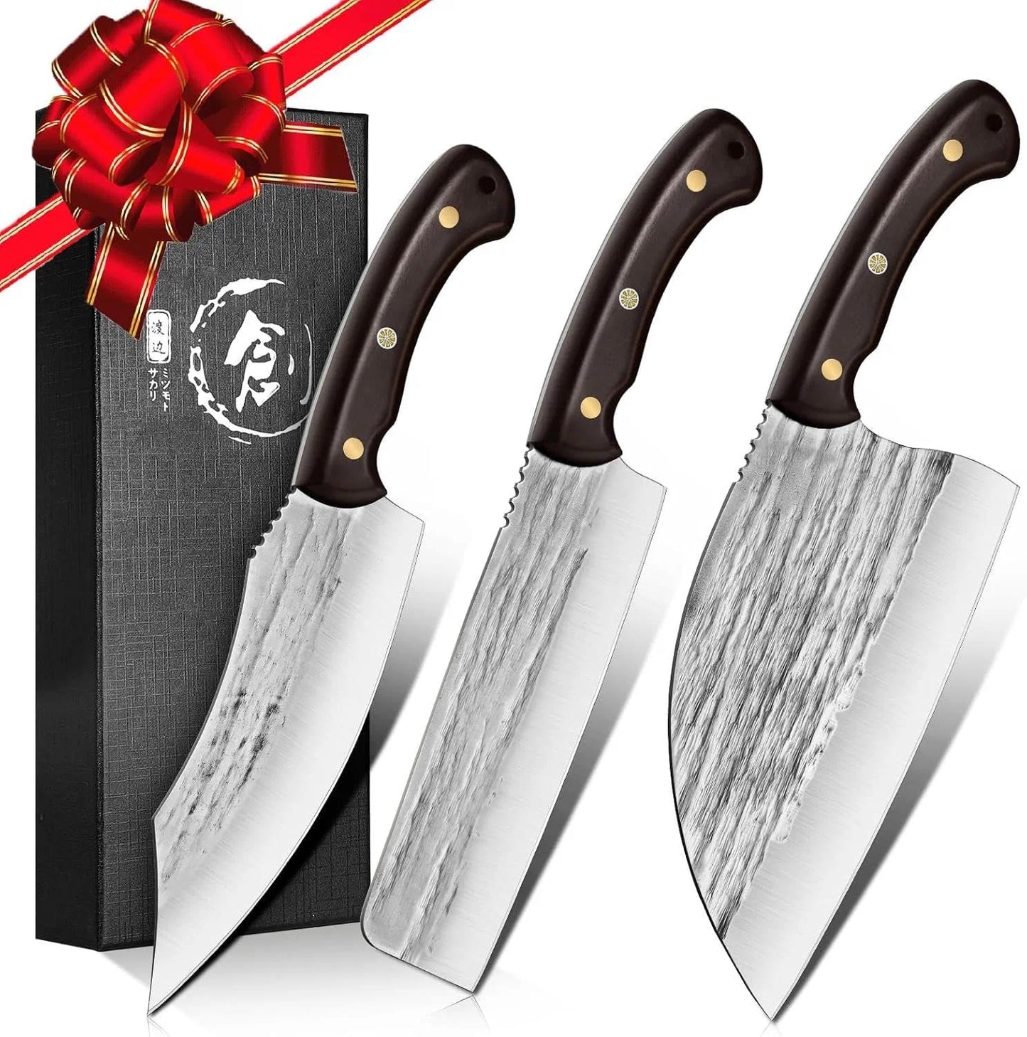 TIJERAS Butcher Knife Set, 3PCS Hand Forged Chef Knife Set, Serbian Chef Knife & Meat Cleaver Knife & Nakiri Knife, BBQ Knife Set for Meat Cutting, Japanese Men Camping Knife Set for Cooking