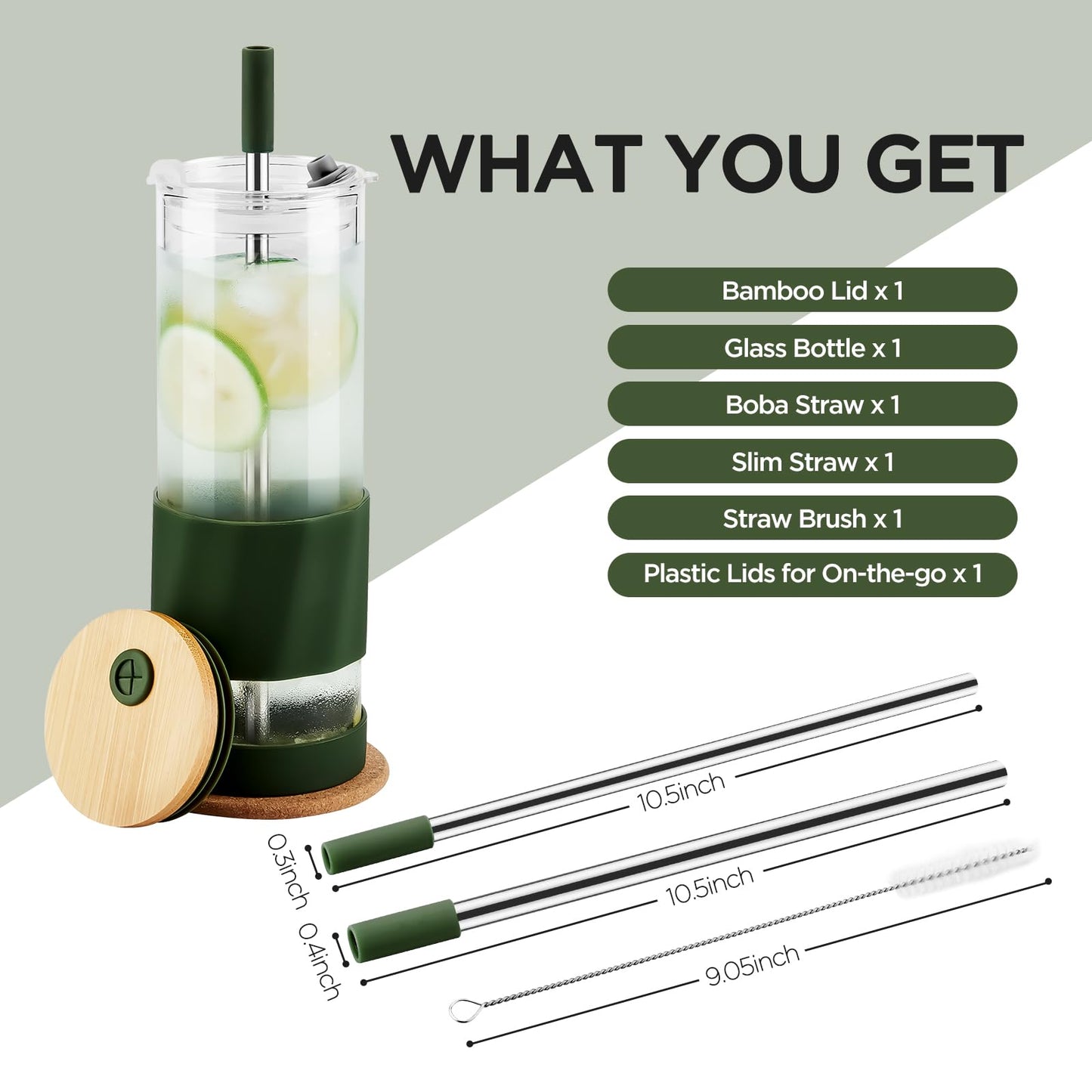 Spreccio Glass Cups With Lids and Straws, 20oz Reusable Iced Coffee Cup, Olive Glass Tumbler with Silicone Sleeve, Perfect for Fruity Drinks, Iced Tea, or Smoothies