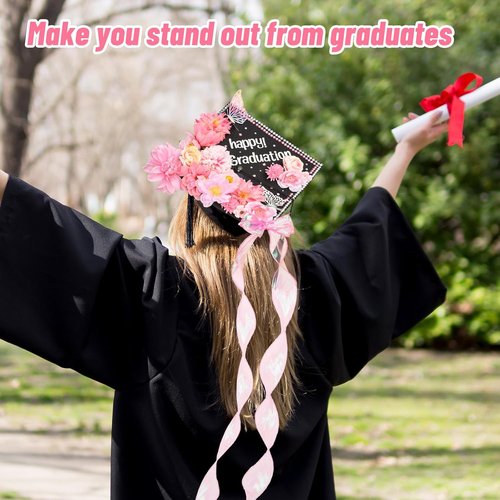 FYSUIMU Graduation Cap Decoration Kit - DIY Pink Grad Hat Toppers with Flowers & 3D Butterfly Stickers