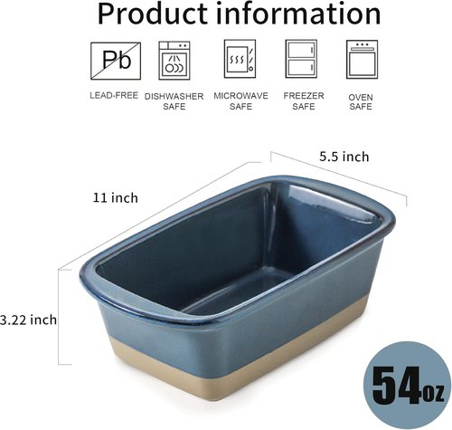 HVH Ceramic Loaf Pan - 9 x 5 Inch Rectangular Baking Dish for Farmhouse Style Bread (Blue)