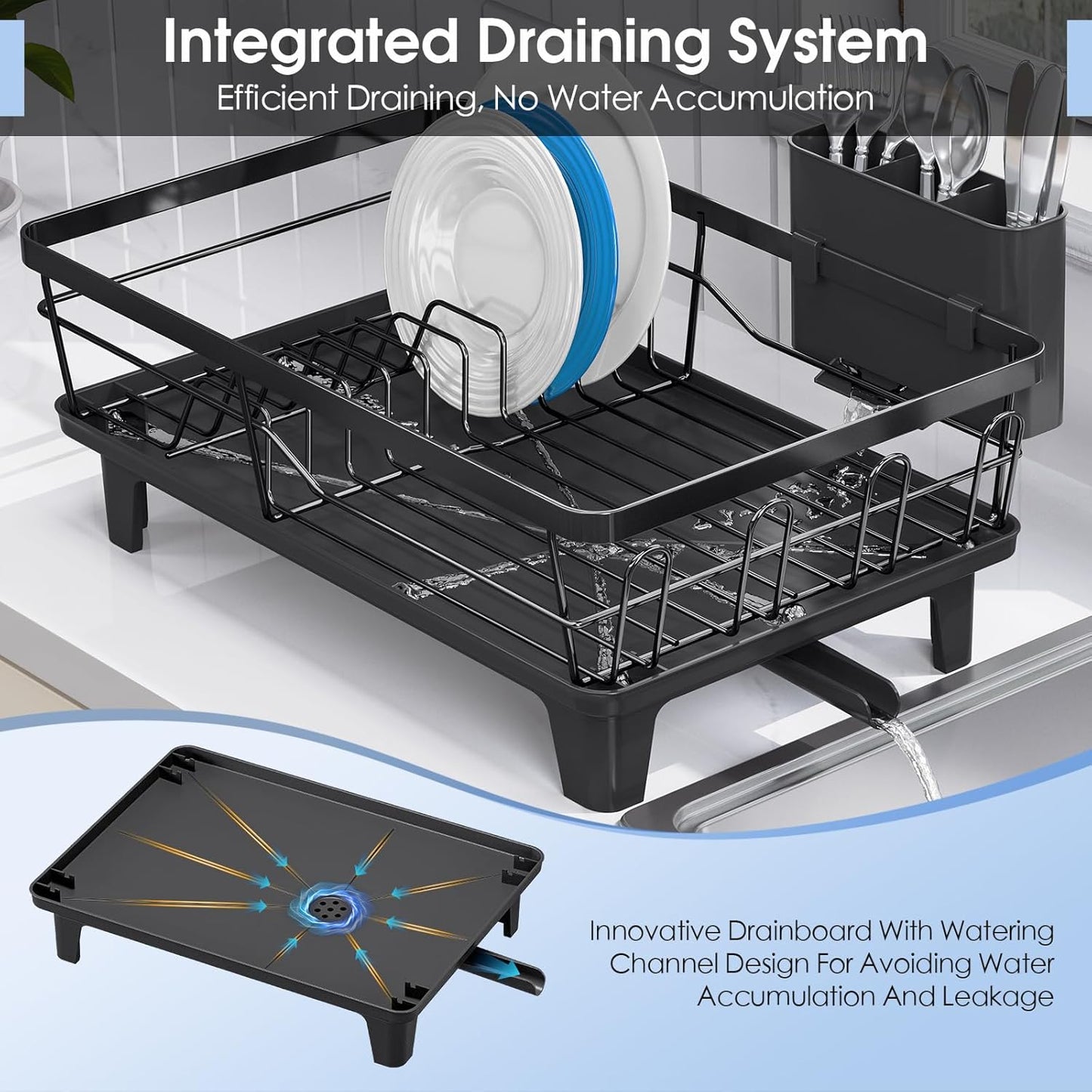 Urackify Dish Drying Rack - Large Kitchen Counter Rack with Drainboard & Cutlery Holder | Black