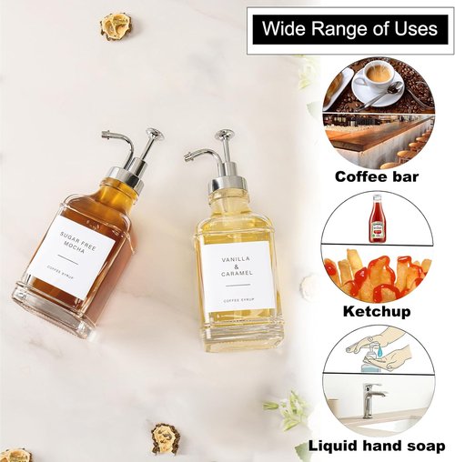 Coffee Syrup Dispenser - Clear Glass Pump Bottles for Coffee Bar | Refillable Maple Syrup Storage, 500ml, Set of 2