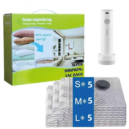 Dexmary 15 Pack Vacuum Seal Bags with Rechargeable Air Pump for Clothing, Vacuum Storage Bags for Clothing, Vacuum Seal Bags for Clothing Travel, Space Saver Vacuum Storage Bags, Grey
