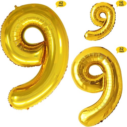 GOER Gold Foil Number Balloons - Huge 9th Birthday Party Decorations | 3 Pack (42", 32", 16")