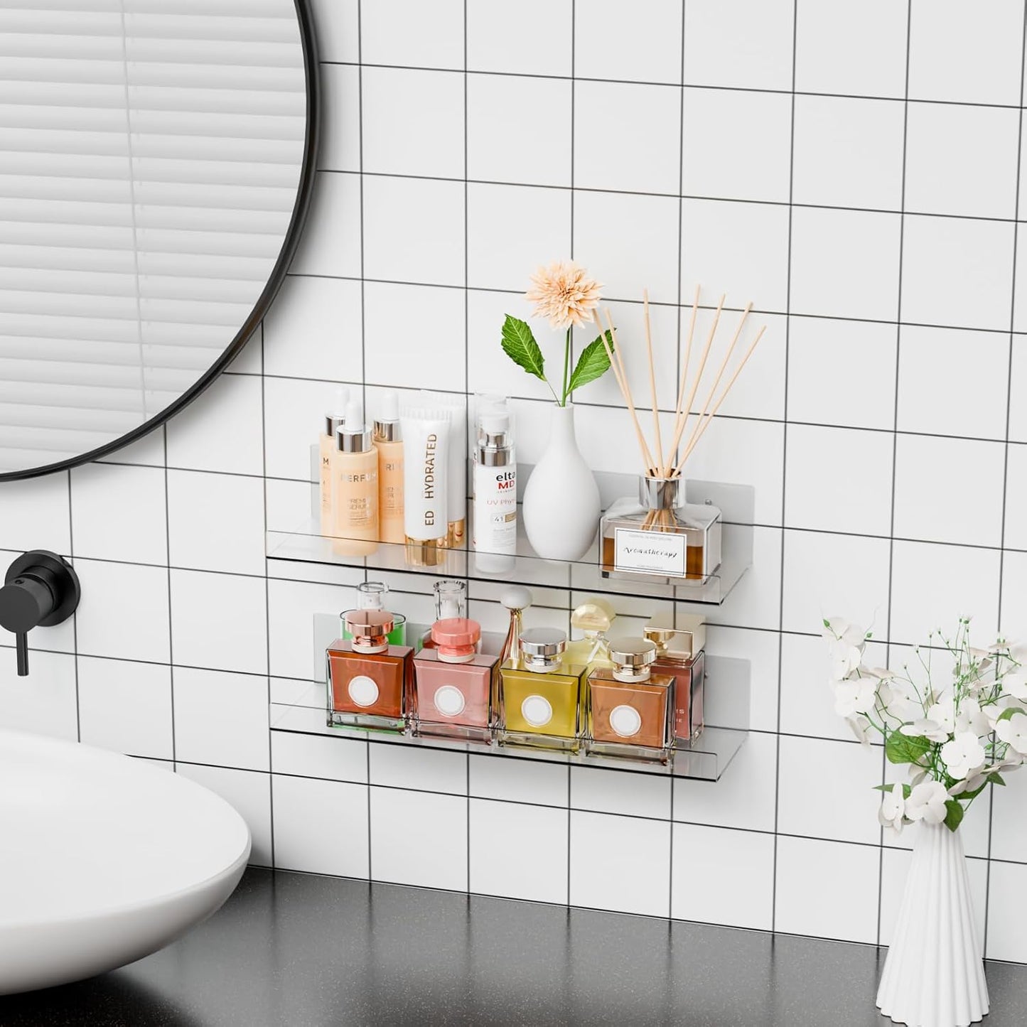 Skiennix 15-Inch Clear Acrylic Floating Shelves - No Drill, Renter-Friendly Wall Display for Bathroom & Kids Room