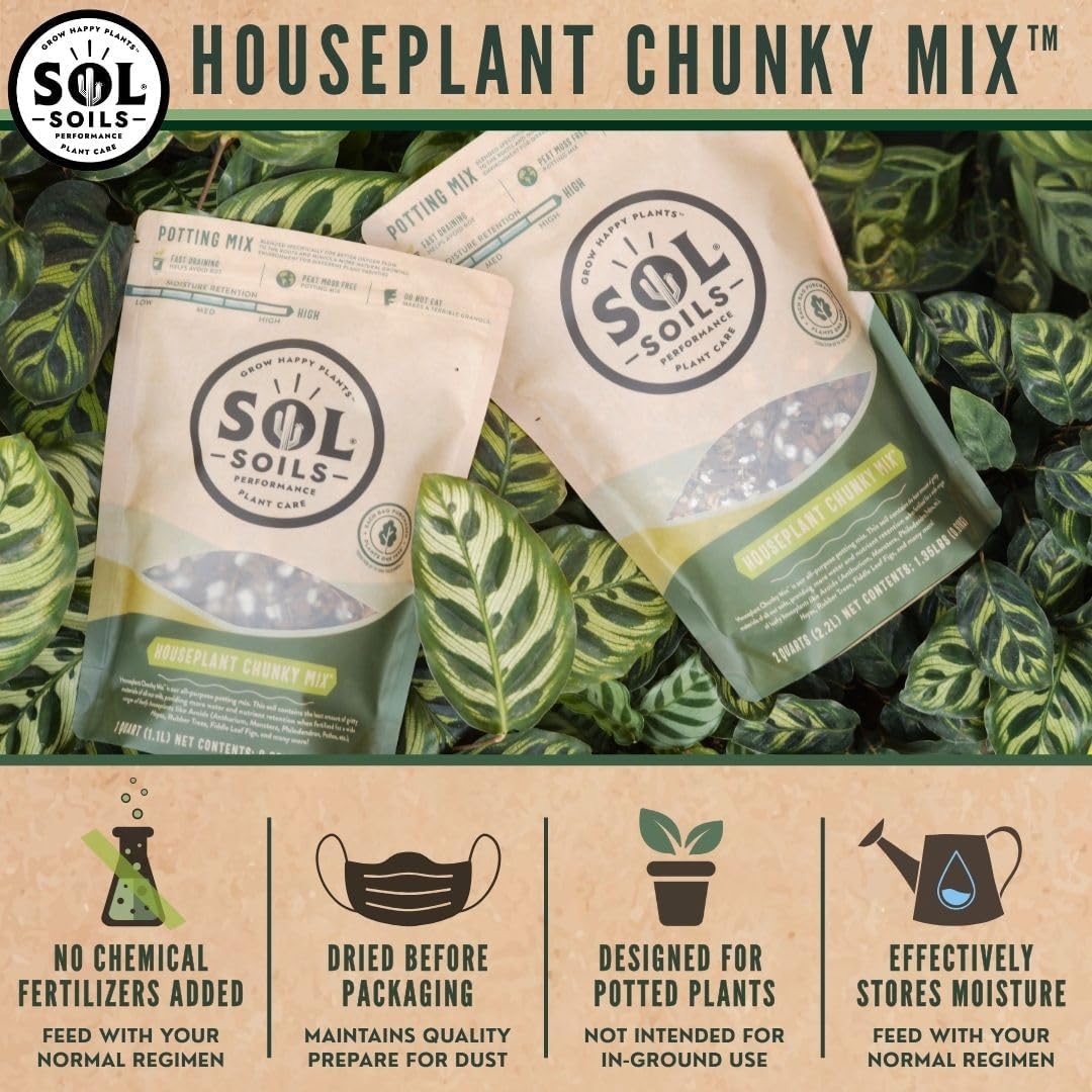 Sol Soils Chunky Houseplant Mix - Fast Draining Indoor Plant Soil with Coco Coir, Perlite & Pumice | 2 Quart