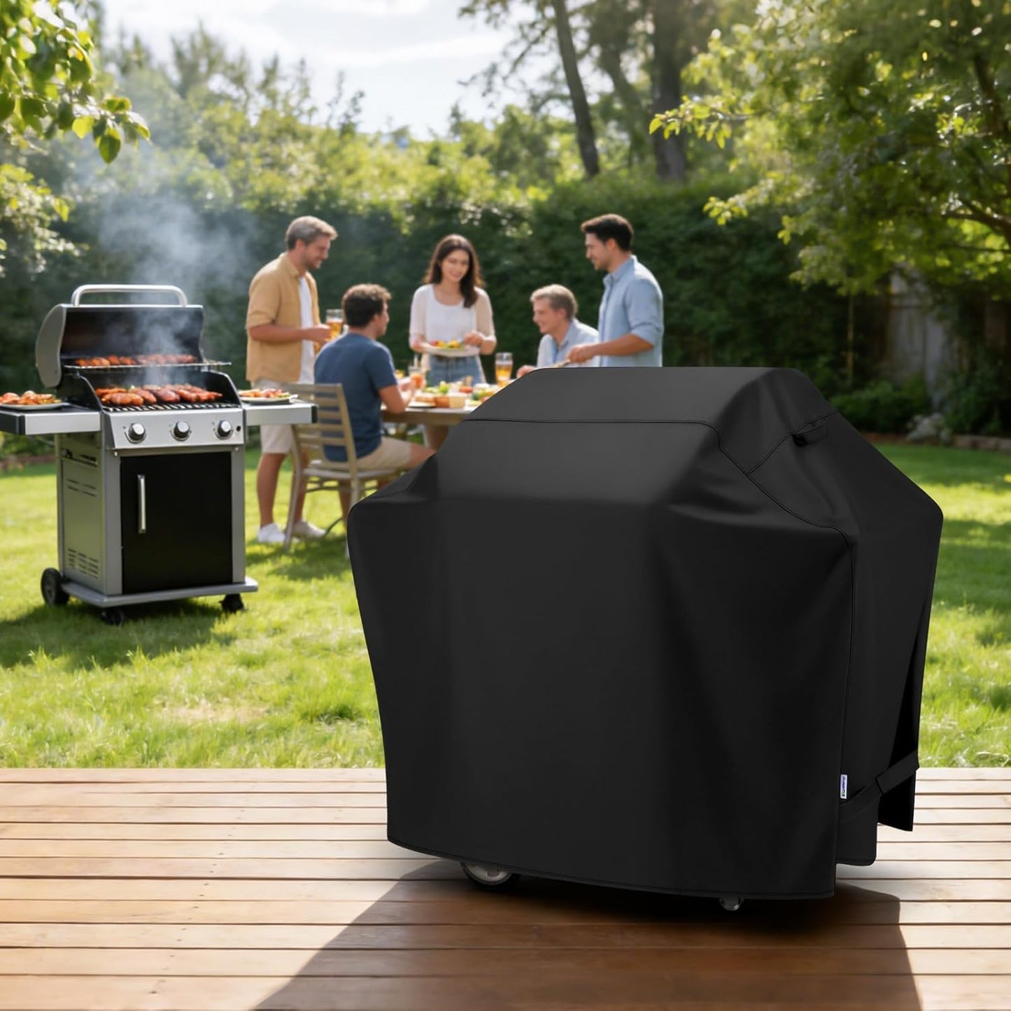 SunPatio Grill Cover - 55 Inch Heavy Duty Waterproof Barbecue Cover | UV & Fade Resistant, All-Weather Protection for Weber, Charbroil, Nexgrill, Kenmore Grills - Black