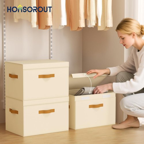 Homsorout Large Storage Bins with Lids - Front Opening Fabric Organizers | Collapsible Beige Baskets, 6 Pack