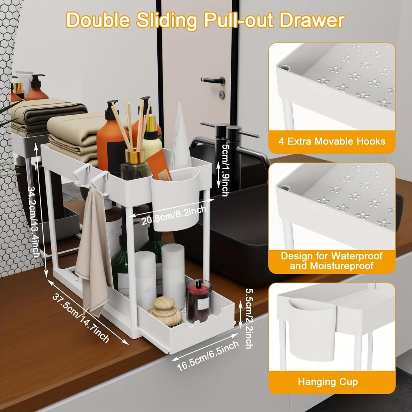 Under Sink Organizers by [Brand Name] - 2-Tier Sliding Cabinet Storage for Bathroom & Kitchen | Easy Pull-Out Design (White)