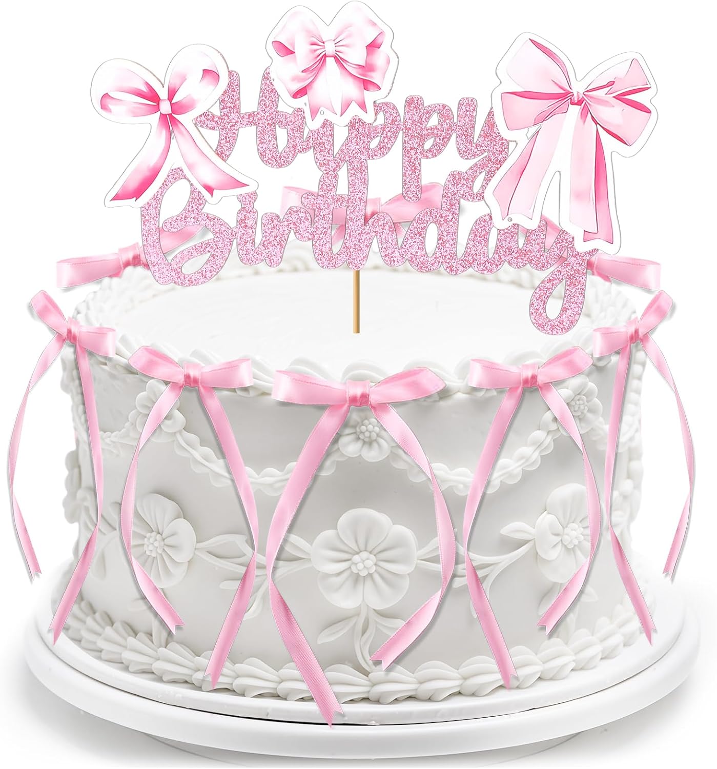 Tmtains 21-Piece Bow Cake Topper Set - Pink Coquette Birthday Decorations | Glitter Happy Birthday Sign & Cupcake Toppers