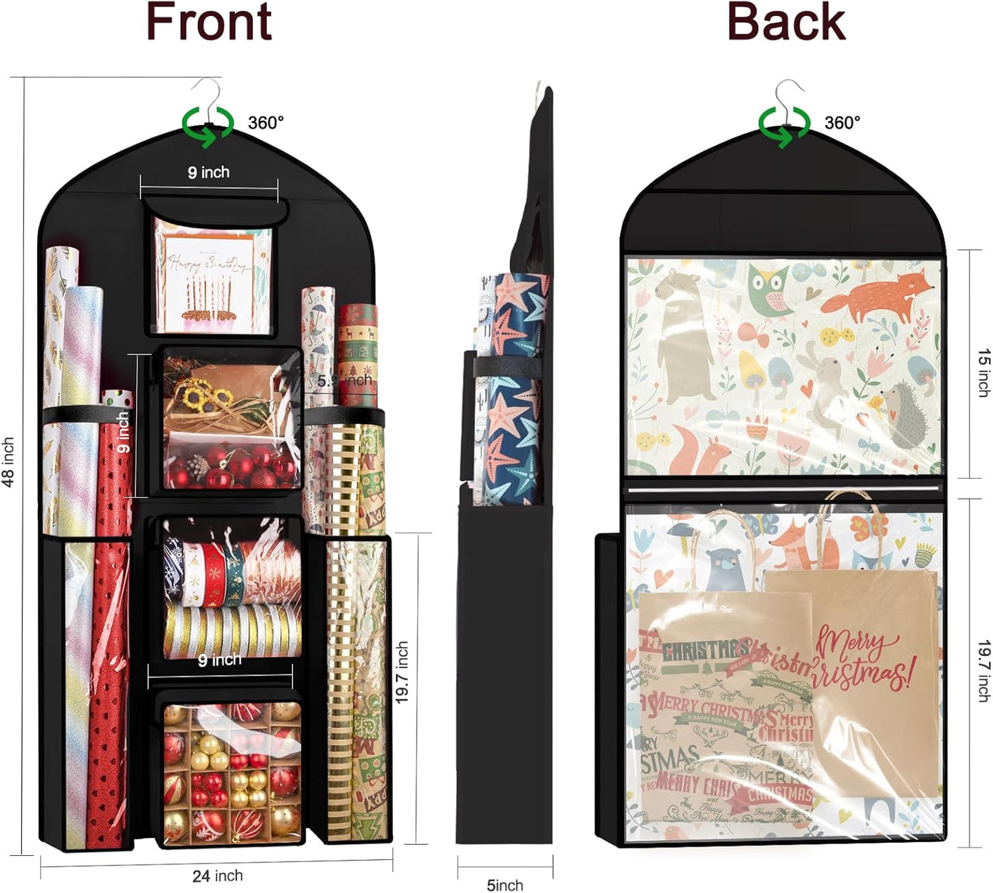 Woodoulogy Extra Large Black Double-Sided Gift Wrapping Paper Storage Bag - 48x24 Oxford Organizer