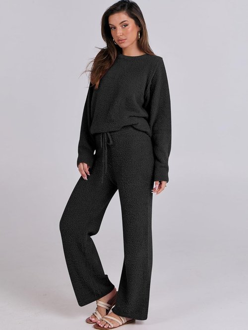 ANRABESS Women's Fuzzy Fleece Pajama Set - Cozy Long Sleeve Top & Wide Leg Pants | Fall Winter 2025