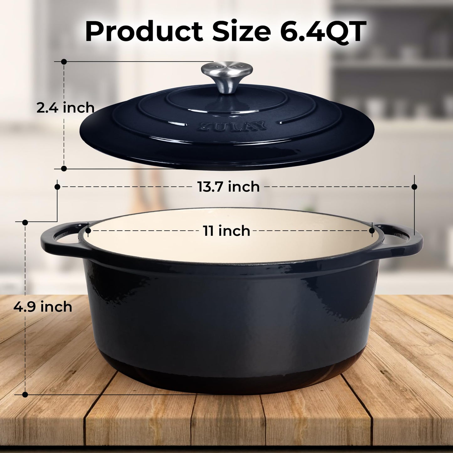 Zulay Kitchen 6 Quart Enameled Cast Iron Dutch Oven Pot with Lid – Premium Durability & Oven Safe up to 500°F – Heavy Duty Cookware Perfect for Bread Baking, Stews, Braising & Roasting - Lapis Lazuli
