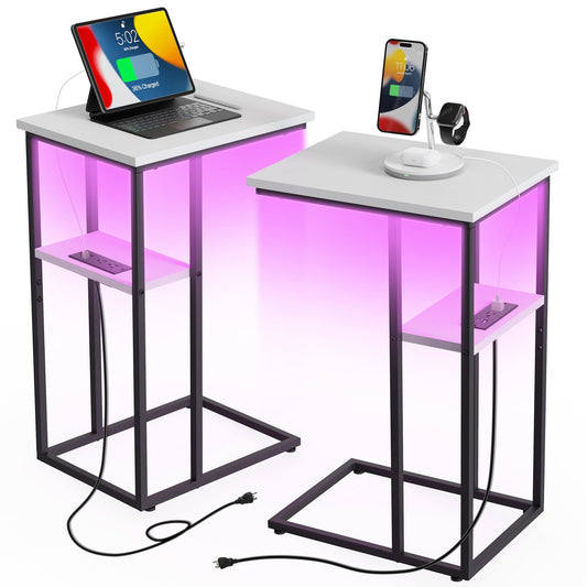 Innerjoin Side Table with Charging Station Set of 2, C Shaped End Table with LED Light Strip, Fast Charge Type C & USB Ports, Small Sofa Snack Laptop Side Table for Living Room Bedroom, Rustic Brown