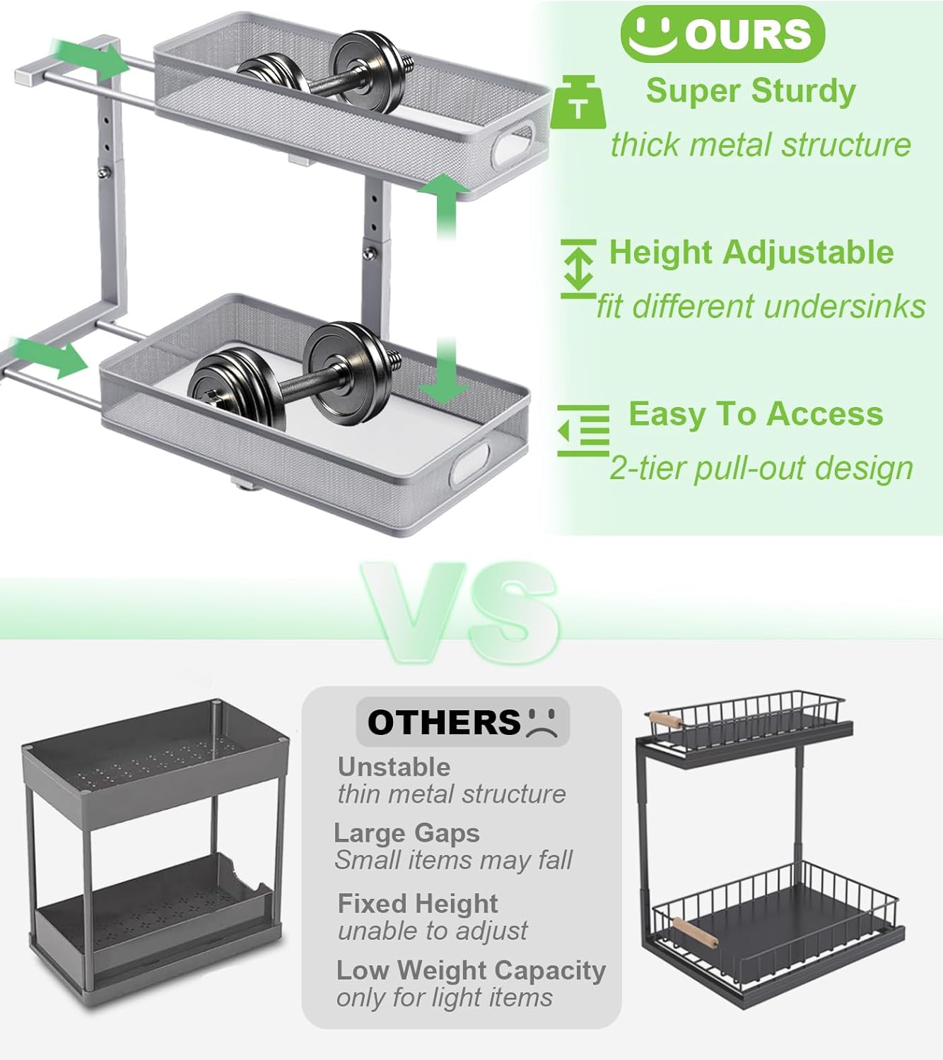 Under Sink Organizer - Adjustable 2-Tier Storage Solution | 2-Pack Metal Pull-Out Drawers for Kitchen & Bathroom