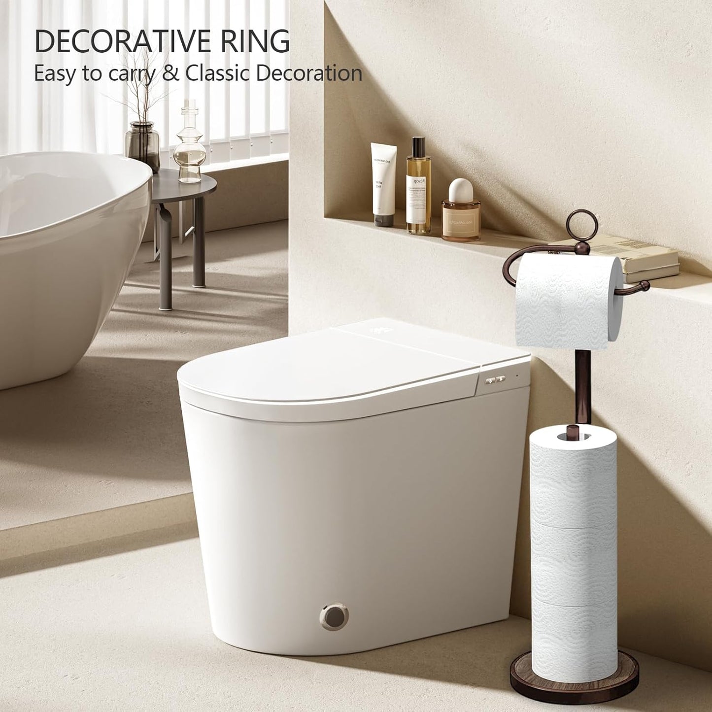 Skiennix Free Standing Toilet Paper Holder - Space-Saving Design with Storage for 4 Rolls - Black & Bronze