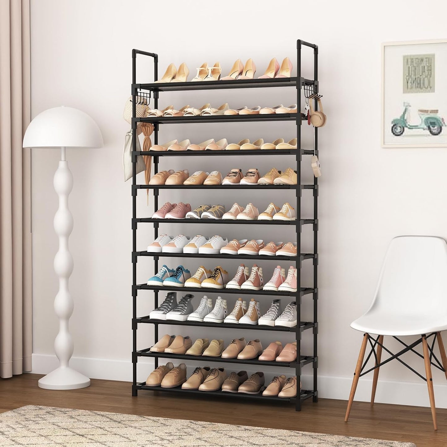 VTRIN 10-Tier Shoe Rack - Tall Large Capacity Organizer with Hooks | Sturdy Metal Shelf for Entryway & Closet