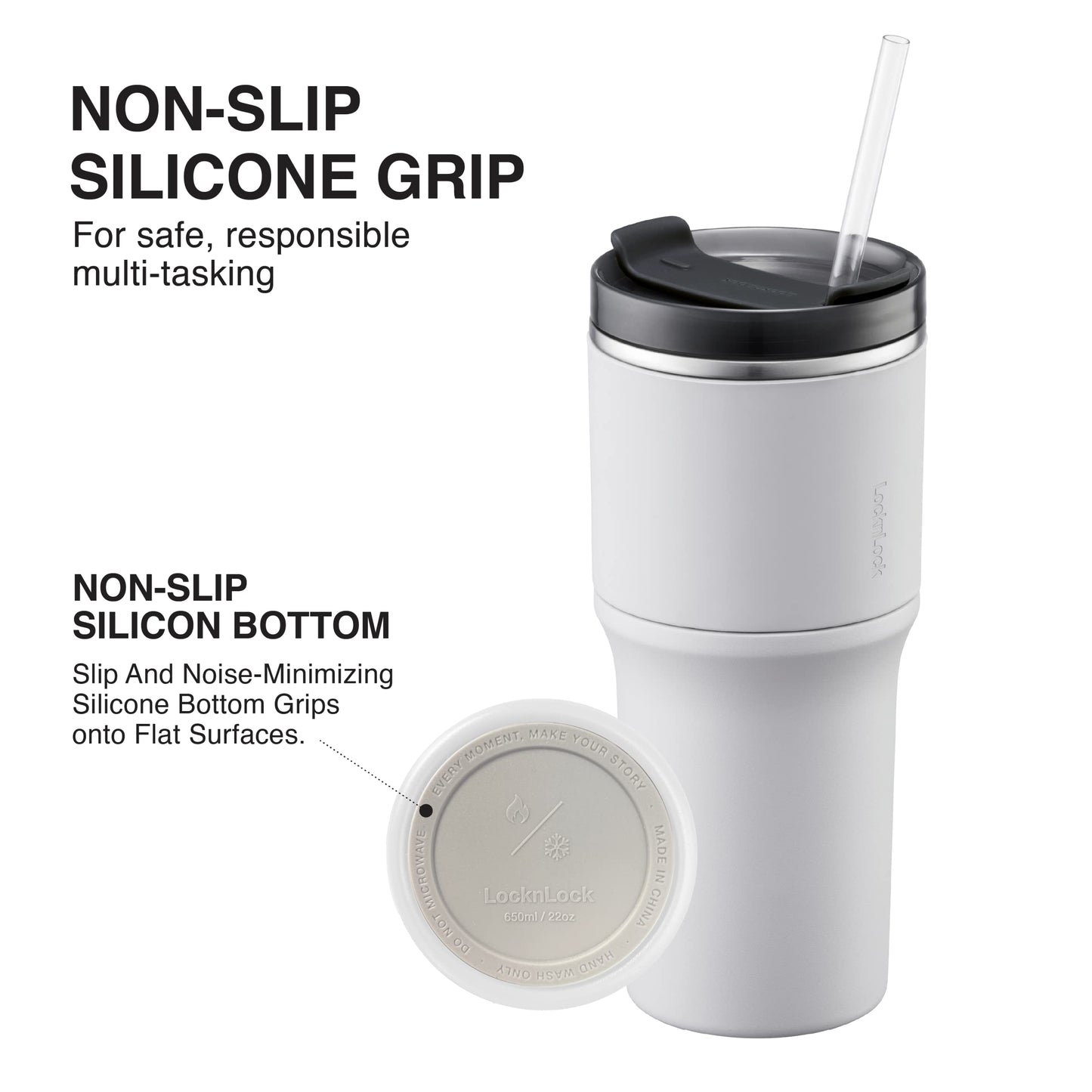 LocknLock Metro Tumbler Stainless Steel Double Wall Insulated with Non-slip grip, Lid, 22 oz, Off-white