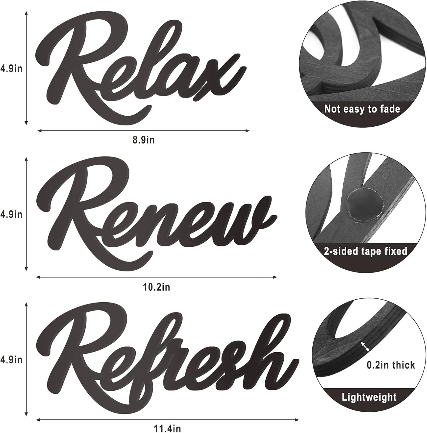 Skiennix Black Wooden Bathroom Decor - 3-Piece Wall Art Set | Relax, Renew, Refresh Design