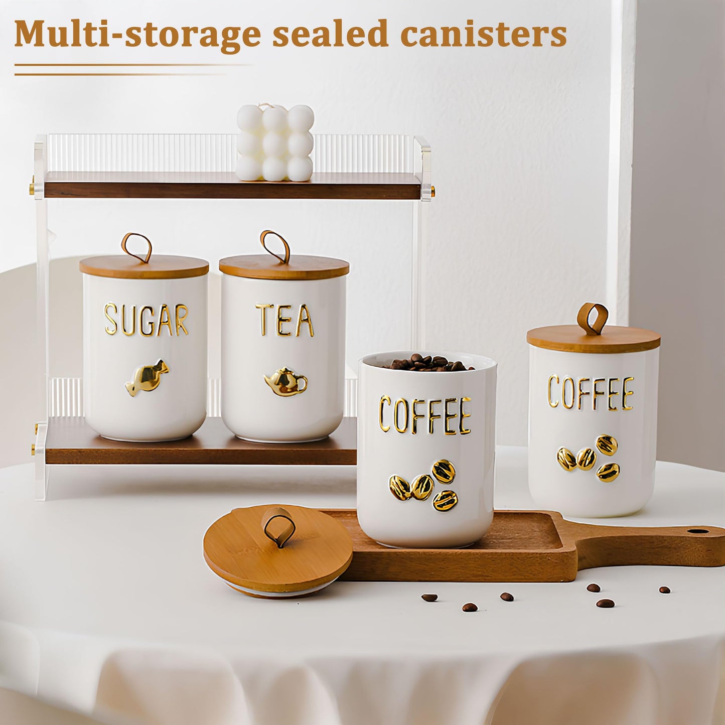 Simcat 27oz Ceramic Canister Set with Airtight Seal Bamboo Lid and Silicone Seal Damp-Proof Kitchen Jar Tea Coffee Sugar Canister Set Food Storage Containers (Portable sealed jar-(coffee))
