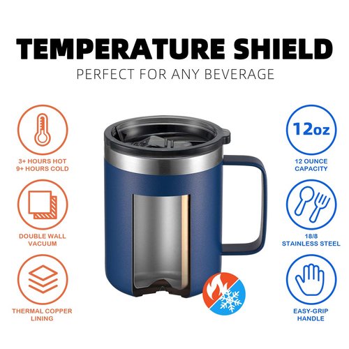 ALOUFEA 12oz Stainless Steel Insulated Coffee Mug with Handle, Double Wall Vacuum Travel Mug, Tumbler Cup with Sliding Lid, Navy
