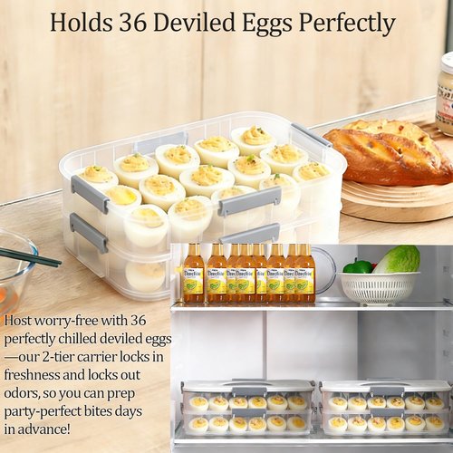Deviled Egg Container with Lid, Double Layer Egg Container, 36 Count Deviled Egg Tray- Secure Lock & Handle, Stackable, Leak-Proof Design for Parties & Catering, White