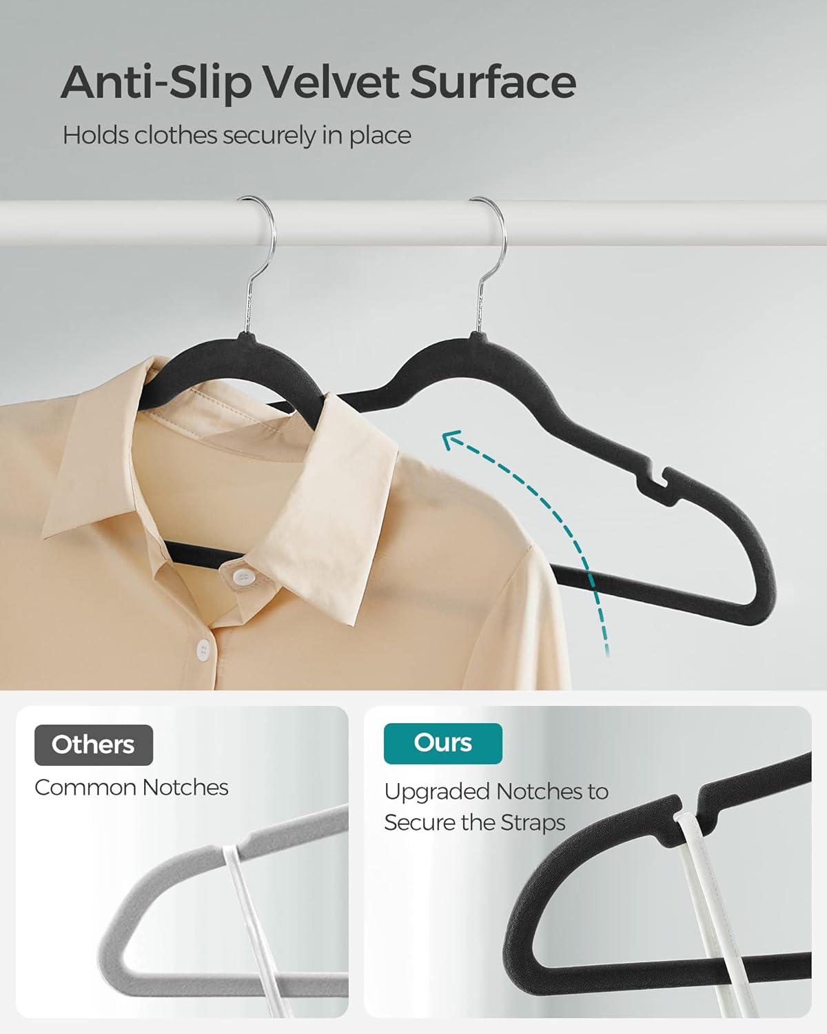 SONGMICS Velvet Hangers - Non-Slip Clothes Hangers with Shoulder Notches & 360° Swivel Hook | 50 Pack, Ink Black