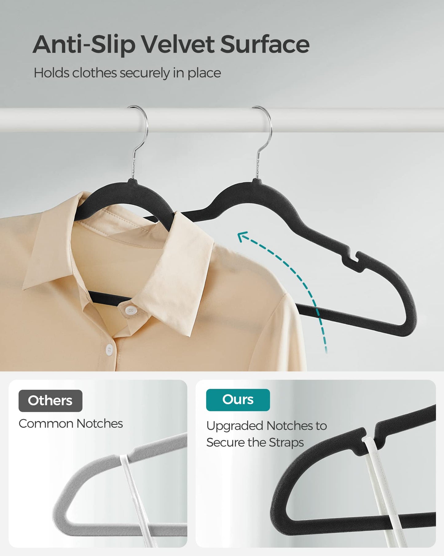 SONGMICS Velvet Hangers 50 Pack, Non-Slip Clothes Hangers, with Shoulder Notches, Pants Bar, 360° Swivel Hook, Space-Saving, for Closet, Ink Black UCRF029B05