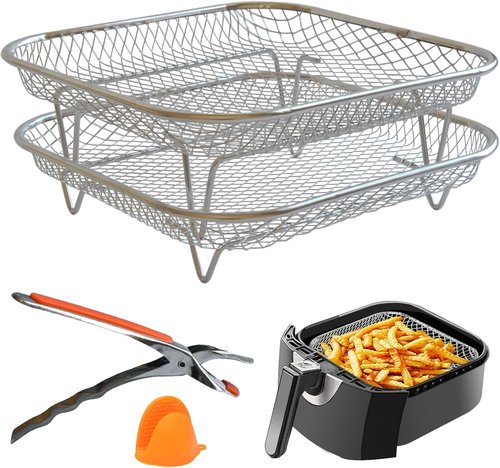 Cosori Dual-Layer Air Fryer Rack Set - 304 Stainless Steel Mesh Baskets for Enhanced Cooking | Square Accessories