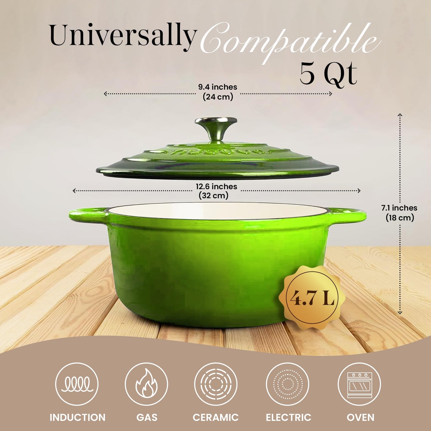 Cast Iron Pot with Lid-Non-Stick Ovenproof Enamelled Casserole Pot, Oven Safe up to 500° F-Sturdy Dutch Oven Cookware - Green, 5-Quart, 24cm-by Nuovva